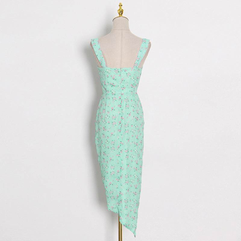 Green Printing Fresh Maxi Dress 2022 Summer New Fashion Sleeveless Printed Drawstring Sexy Irregular Dress