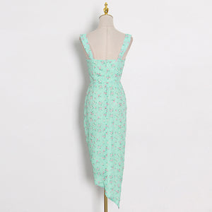 Green Printing Fresh Maxi Dress 2022 Summer New Fashion Sleeveless Printed Drawstring Sexy Irregular Dress