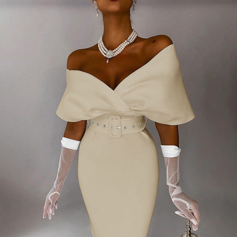 Elegant Shoulder-Baring Dress with Belt Spring High Waist Waist Show Waist Temperament Maxi Dress