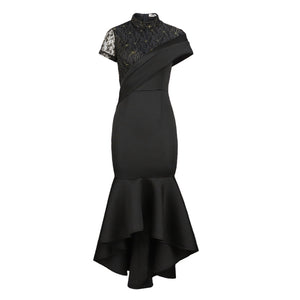 Round Neck Sexy See-through Lace Short Sleeve High Waist Ruffles Party Women Dress Party Dress