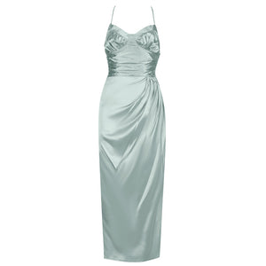 2021 Summer New Elegant Socialite Pleated Slim Strap Satin Dress for Women
