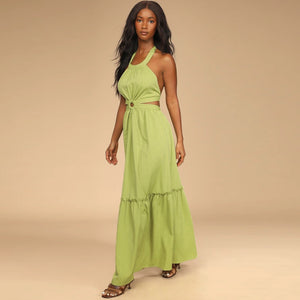 Women Clothing Summer New Casual Vacation Style Halter Lace-up Layered Maxi Dress Tiered Dress