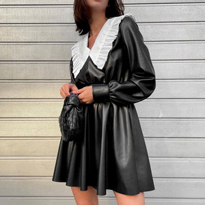 Autumn Winter New PU Leather Skirt Dress Doll Collar  Fitted Waist High Waist Long Sleeve Black Punk Street Women