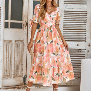 Summer Women Clothes Casual Printed Waist Controlled Puff Sleeve V neck Maxi Dress