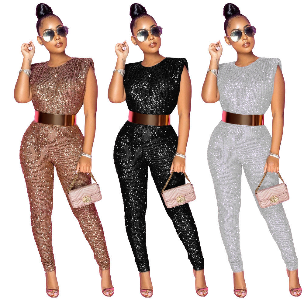 Autumn New Sequined Sexy Sleeveless Slim Fit Bodysuit Women without Belt