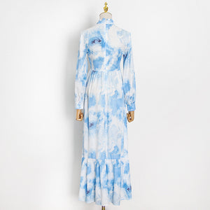 Vacation Style Tie Dyed Blue Dress 2021 Autumn New Small Stand Collar Chiffon Long Sleeve Patchwork Ruffled Dress