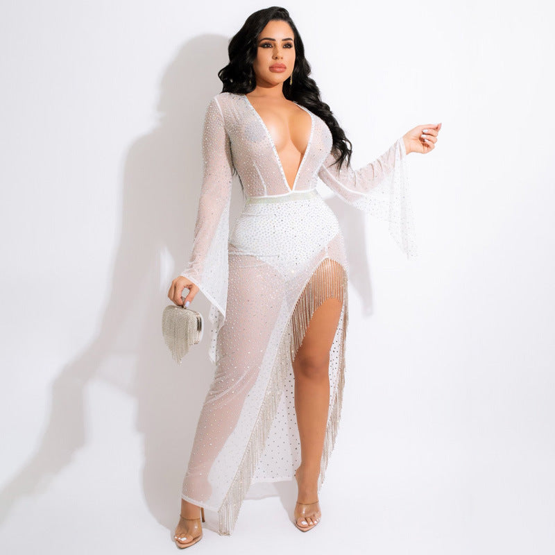 Mesh Rhinestone Tassel See-through Sexy Tight Evening Dress Women Dres Global Fashions GC Mesh Rhinestone Tassel See-through Sexy Tight Evening Dress Women Dres Global Fashions GC