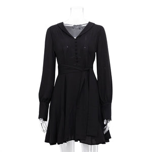 Fashionable Elegant  Women Clothing Short Dress Black Chiffon Long Sleeve V-neck Waist Trimming Casual Dress for Women