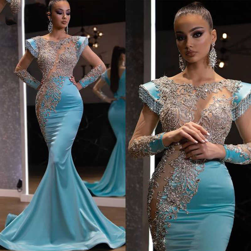 2021 New Daily Light Blue Fishtail Skirt Banquet Long Alluvial Gold Series Slimming Temperament Annual Party Evening Dress Women
