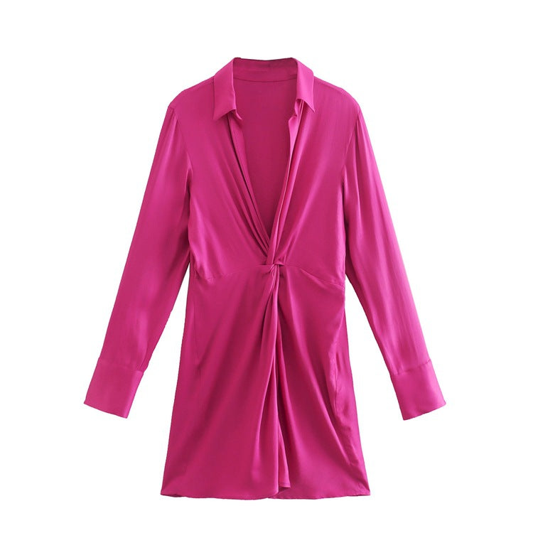 2022 Spring Women Clothes New Casual Style Long Sleeve Polo Collar Silk Satin  Dress