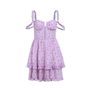 Small Pleating Floral Shoulder Strap Princess Dress Spring New Sweet Fresh Tiered Suspender Dress