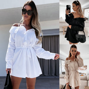 autumn New Step-in Hot Solid Color Strap Button Shirt Dress