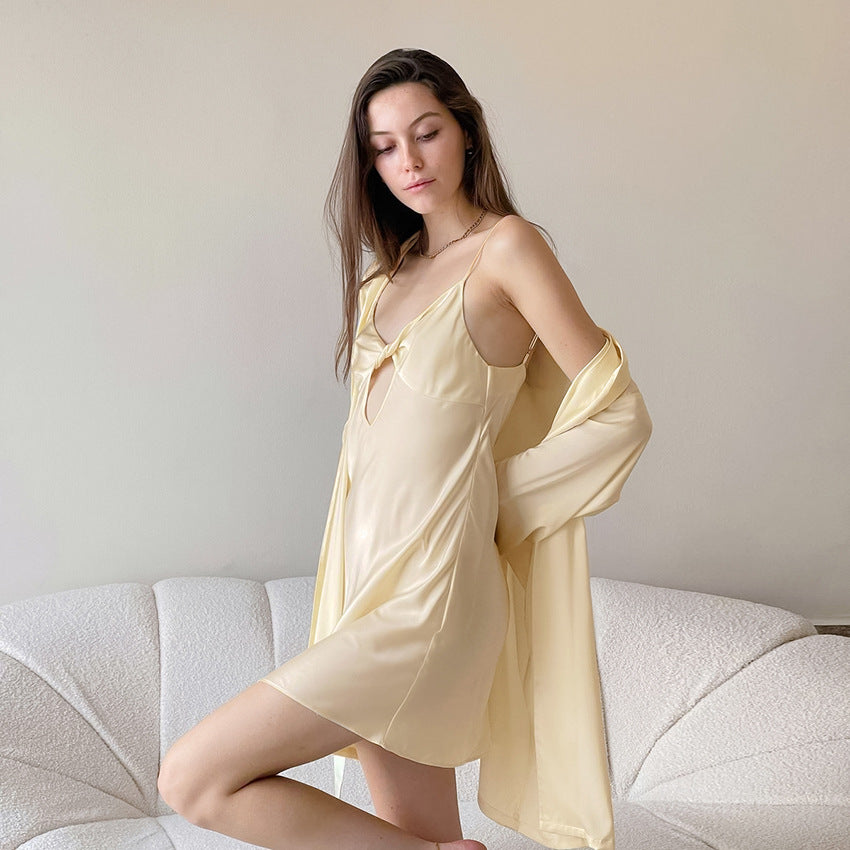 New Fashion Nightdress Robe Suit Hollow-out Camisole Pajamas Summer Ladies Champagne Homewear