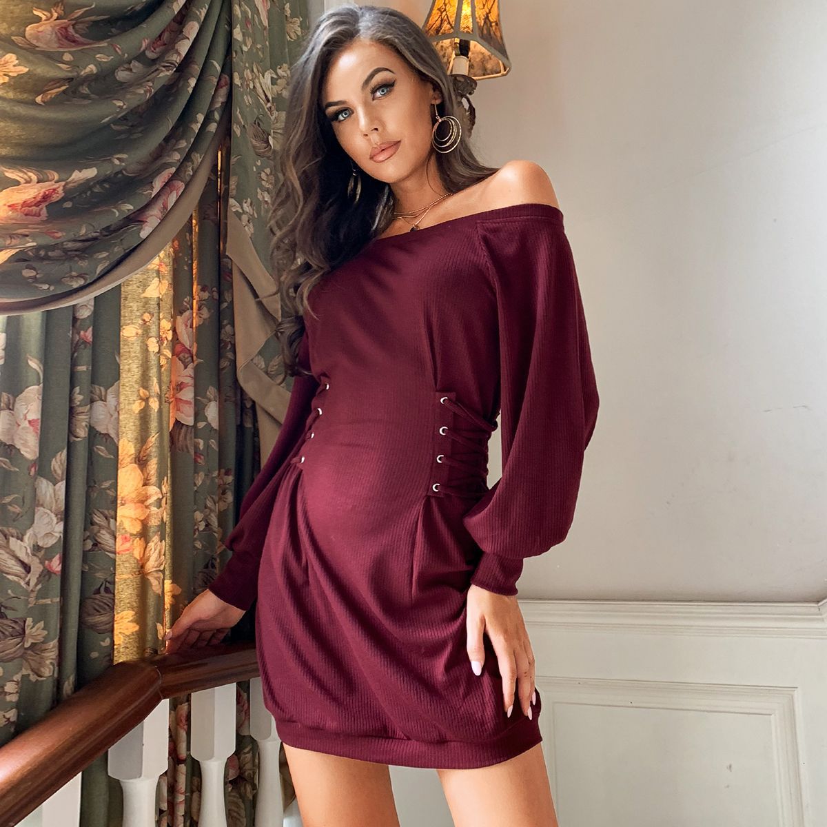 Women  Spring and Autumn Rib Knitted Sweater Dress Tight Waist Slim off-Shoulder Long Sleeve Dress