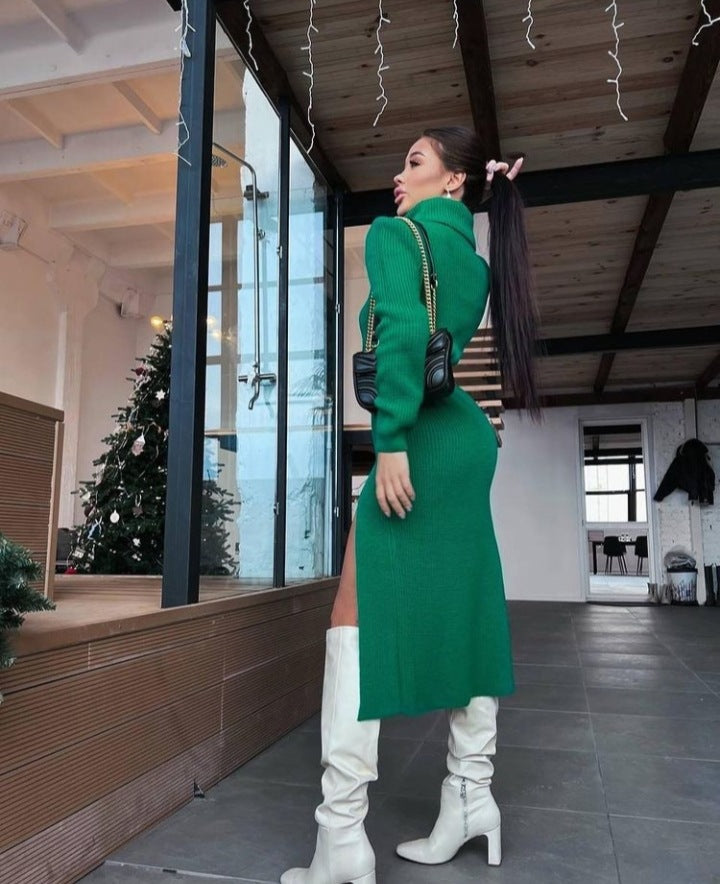 Popular Long Sleeve Turtleneck Thigh Slit Woolen Dress
