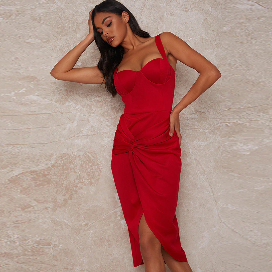 Red New Style Camisole Evening Dress Elegant Split Sexy Tube Top Evening Dress Cocktail Party Women＇s Dress