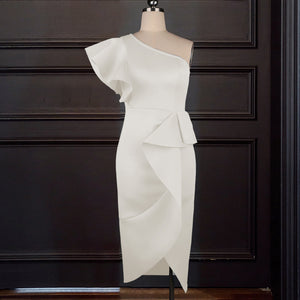 Sexy One-Shoulder Sleeveless Ruffles plus Size High Waist Pleated Slim Dress Women Dress