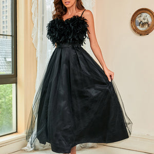 Spring Summer Women Clothing Feather Straps Tulle Evening Dress