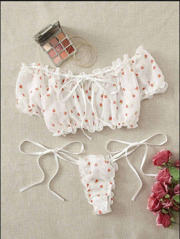 New Sexy Lingerie Lace See-through Sexy Mesh Heart Printing Sexy Sleepwear Suit