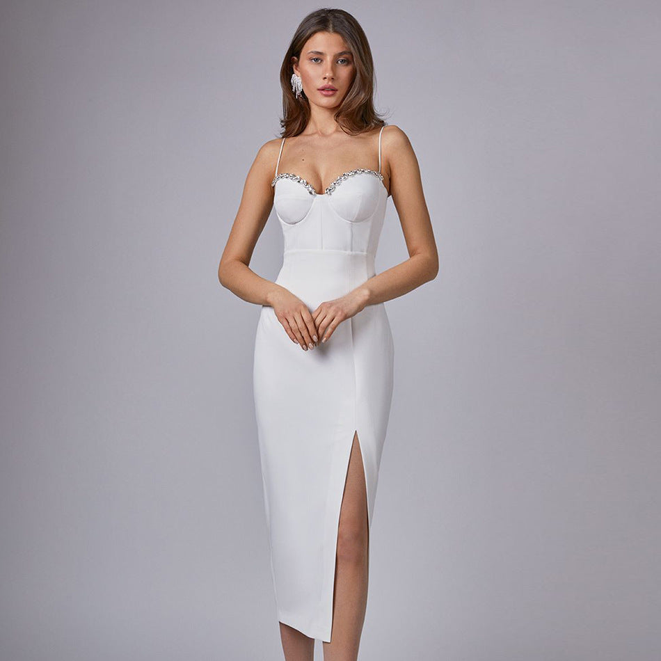 2021 New Sleeveless Mid-Waist White Solid Color Sling Simple Dress Metal Corsage Annual Party Evening Dress