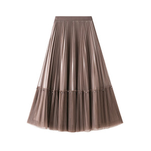 Spring New Beaded Pleated Skirt Stitching Mesh Double-Sided Dress