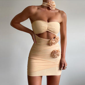 Spring Women Floral Design Sexy 3D Rose Dress Backless Ruffle Hip Dress