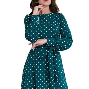 Spring Summer New Women Clothing Polka Dots Green Long Sleeve Lace-up Elegant Dress