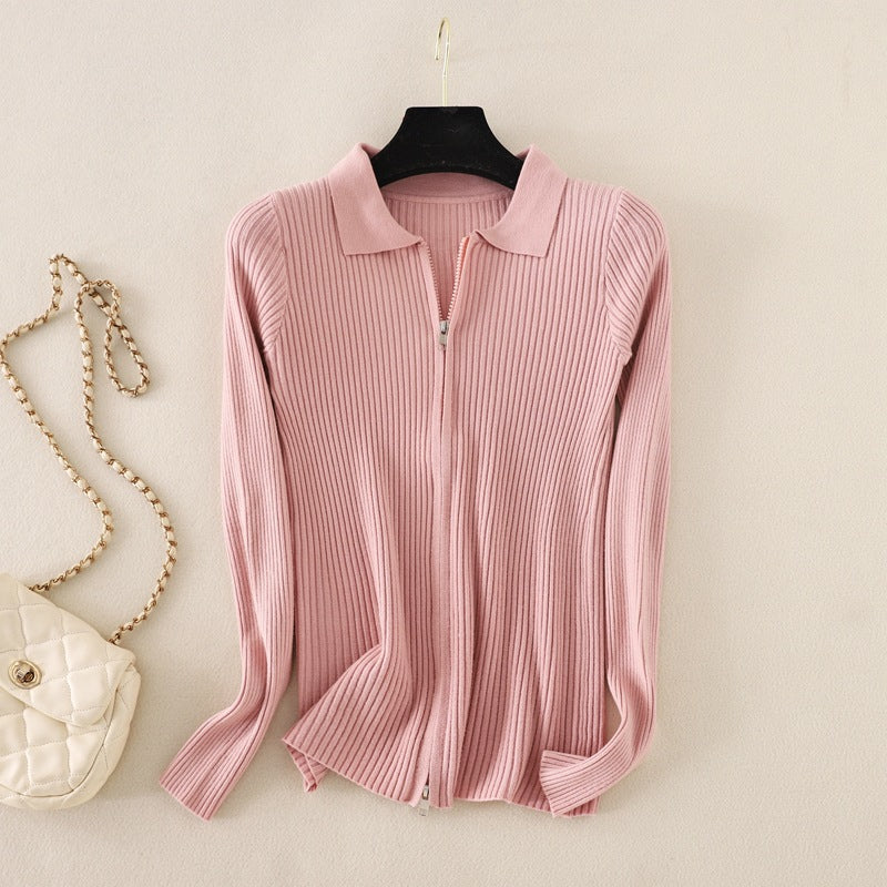 new Knitted Bottoming Shirt Solid Color Slim Fit Top Long Sleeve Polo Collar Women Short Sweater Autumn Winter
