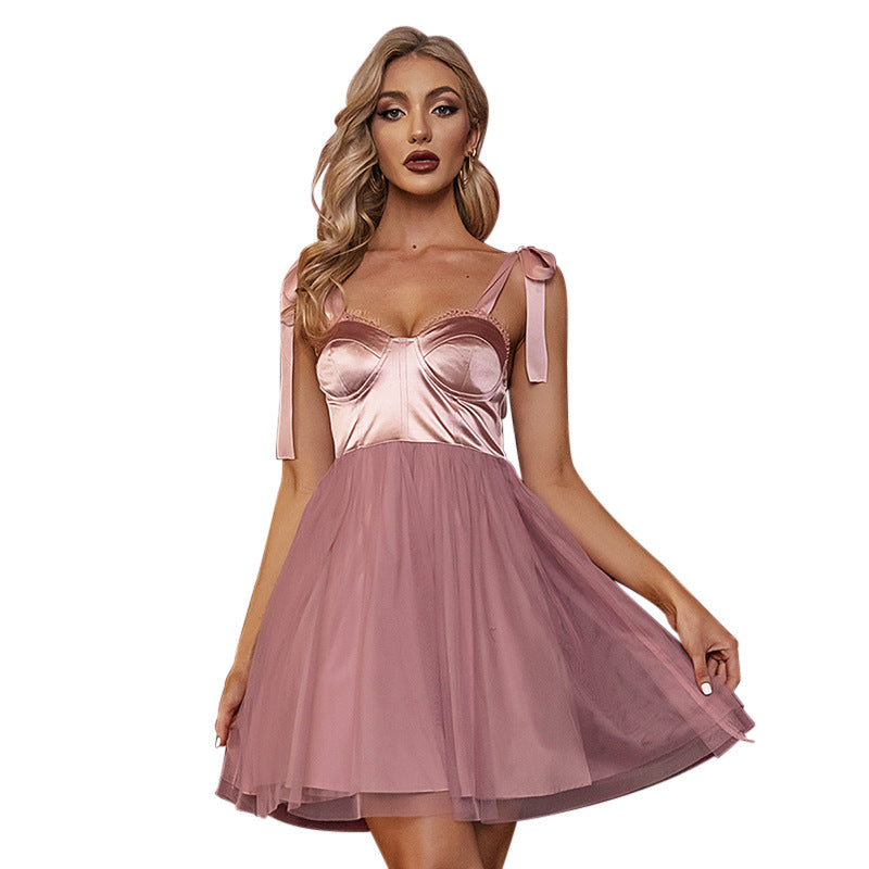 Spring and Summer New Lace-up Tube Top Suspender Dress Satin Mesh Spliced Princess Dress Small Dress