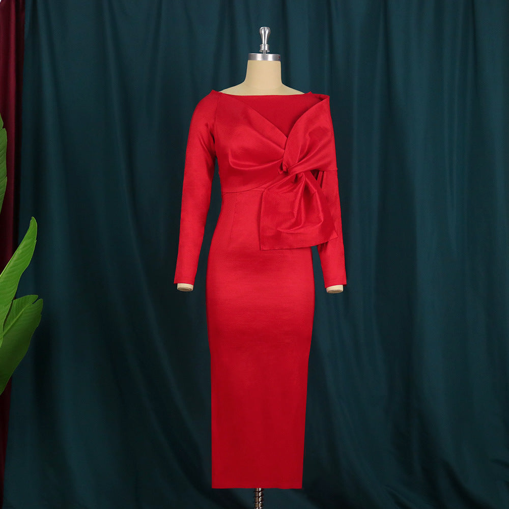 Round Neck Long Sleeve Bowknot High Waist Hip Skirt Red Party Christma Global Fashions GC Round Neck Long Sleeve Bowknot High Waist Hip Skirt Red Party Christma Global Fashions GC