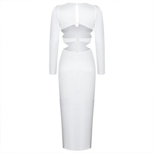 Autumn Winter New Long Sleeve Bandage Cutout Dress Solid Color White Elegant Backless Evening Dress Party Evening Dress