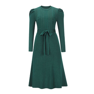 Autumn Winter New Bubble Long Sleeve Knitted Dress Mid-Length Elegant Slimming High Waist Big Swing Dress Base Sweater Dress