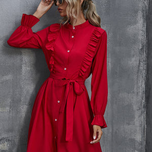 Women Autumn Winter Red High Elegant Commuter Cardigan Ruffled Belt Dress