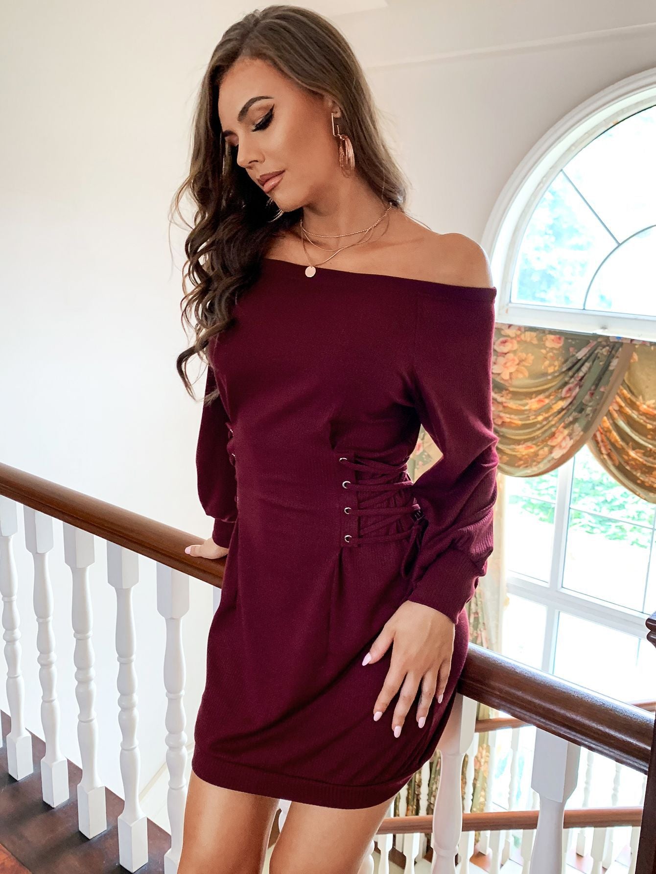 Women  Spring and Autumn Rib Knitted Sweater Dress Tight Waist Slim off-Shoulder Long Sleeve Dress