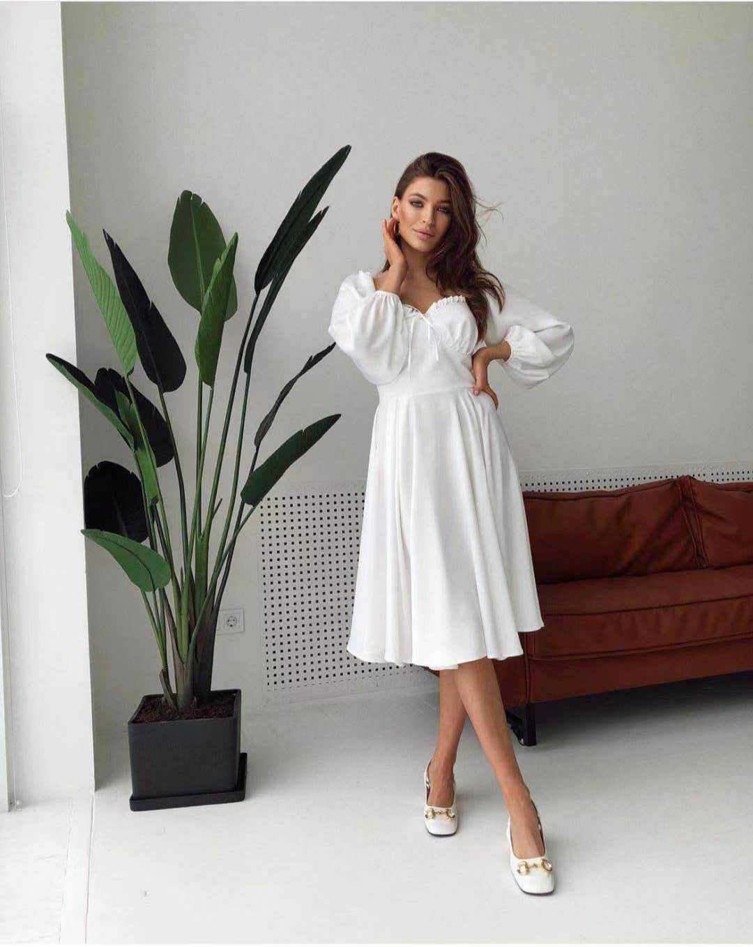 New French Style Temperament Elegant Bow Sweet Vacation Style Design Puff Sleeve Large Swing Dress