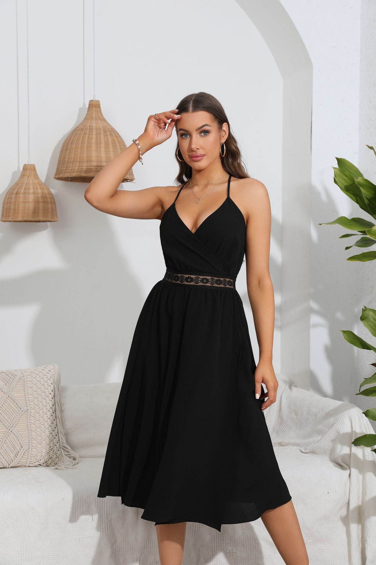 Spring Summer Women Clothing Hollow Criss Cross Out Cutout out V neck Backless Elegant Strap Dress