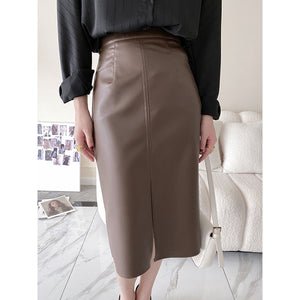 Elegant Pu Sheath Bottom New Women Autumn Women High Waist A- line Skirt Long Leather Skirt