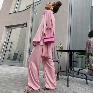 Pink Satin High-Waisted Trousers Elegant Long Sleeve Top Two-Piece Shirt Casual Wide Leg Pants Suit