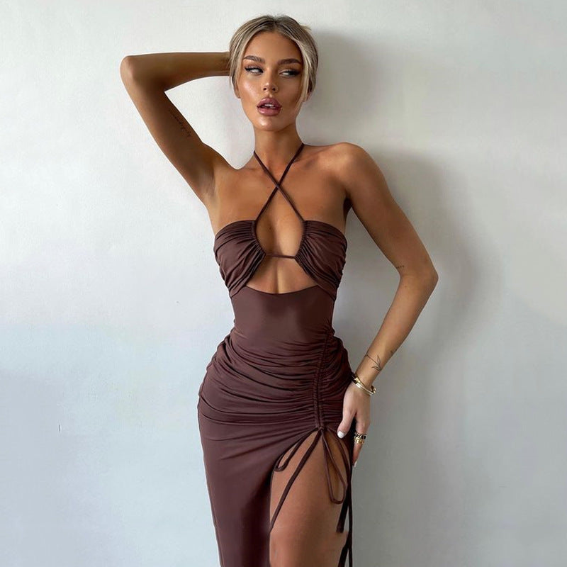 Elegant Sexy Push-up Split Dress for Women 2022 Spring New Hollow Backless Halter Dress S / Black