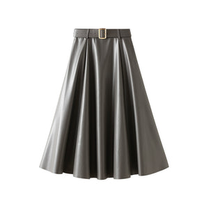 Leather Skirt Skirt Mid-Length Autumn Winter New High Waist A- line Skirt Large Swing Skirt Slimming Female Dress