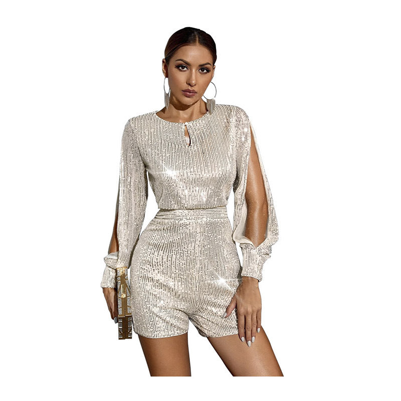 Women  Fashion Sequin Long Sleeve Sequined Casual One-Piece Shorts Jumpsuit Autumn