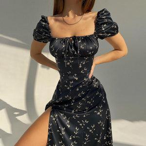 Printed Square Collar Knotted Split Dress  Women Clothing 2022 Summer New Small Floral Dress