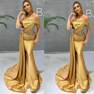 2021 Autumn Women Clothing New Satin Gilding Banquet Evening Dress  Fashion Slim-Fit Trailing Dress