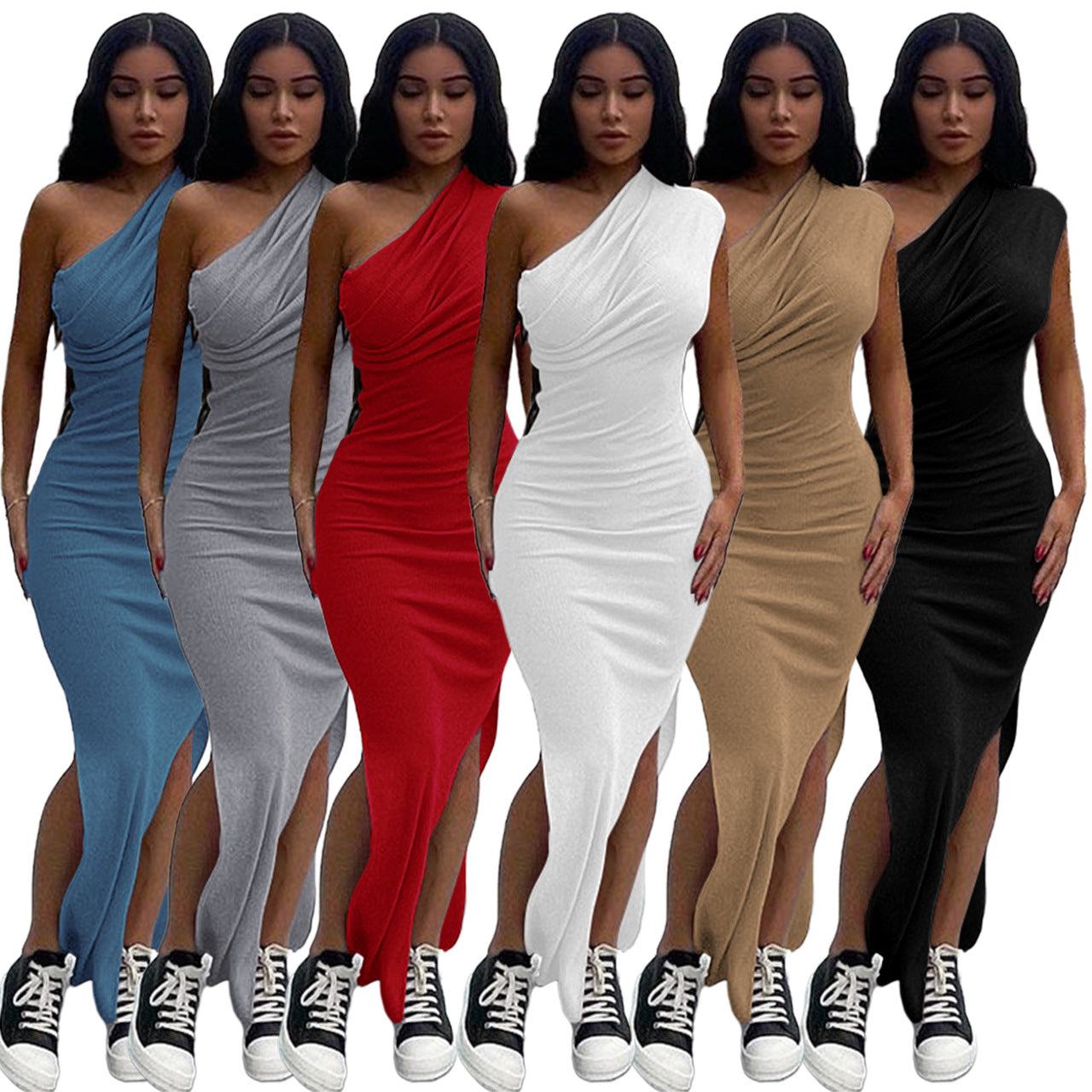 Women Clothing  New  Spring Summer Solid Color Thread Pleated Slant Shoulder Slit Maxi Dress