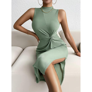 Design Sleeveless Dress Women Sexy Waist Trimming Slit Midi Dress