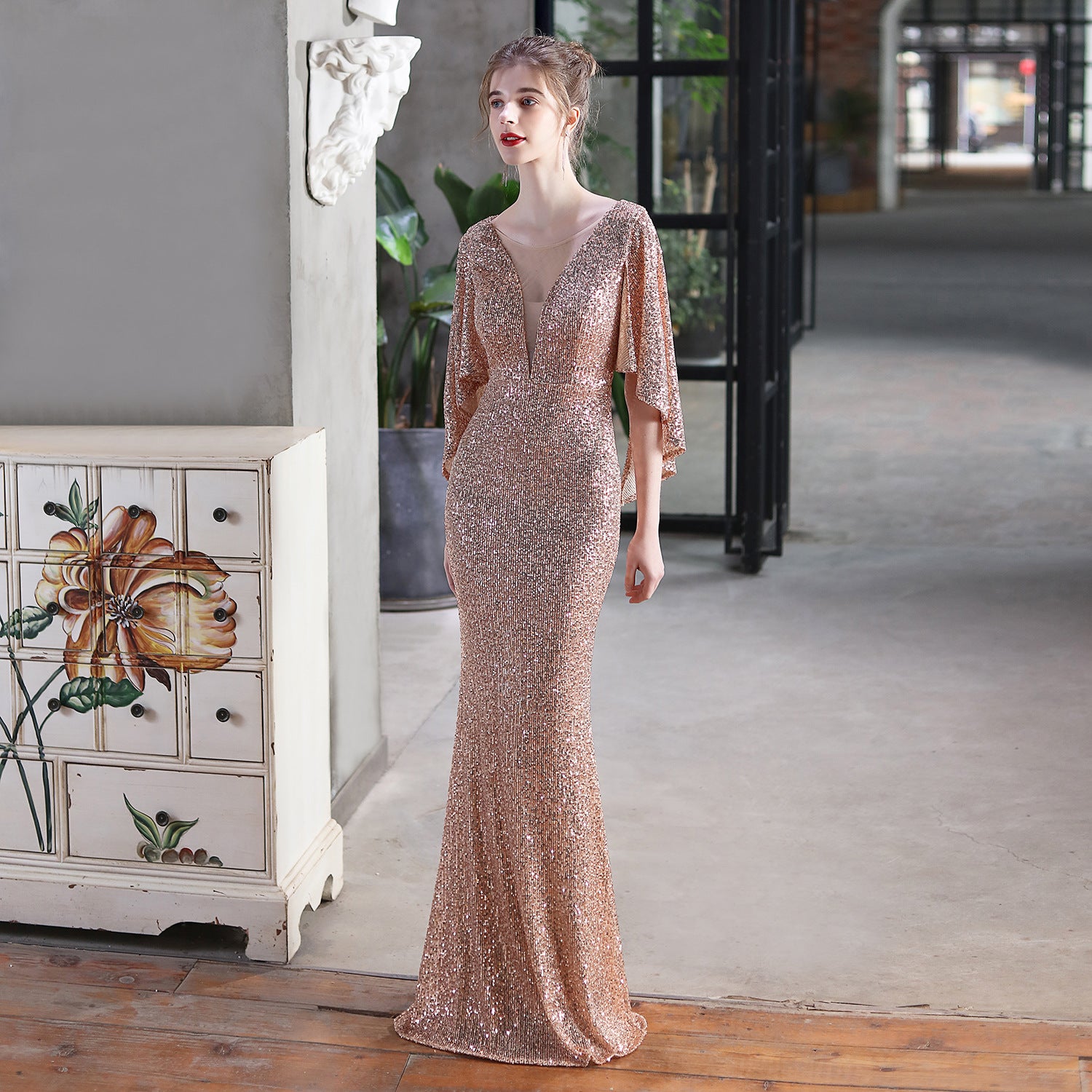 Angel Wings Sequined Fishtail Banquet Elegant Graceful Annual Meeting Host Car Model Party Dress Female Summer L / Gold Angel Wings Sequined Fishtail Banquet Elegant Graceful Annual Meeting Host Car Model Party Dress Female Summer L / Gold