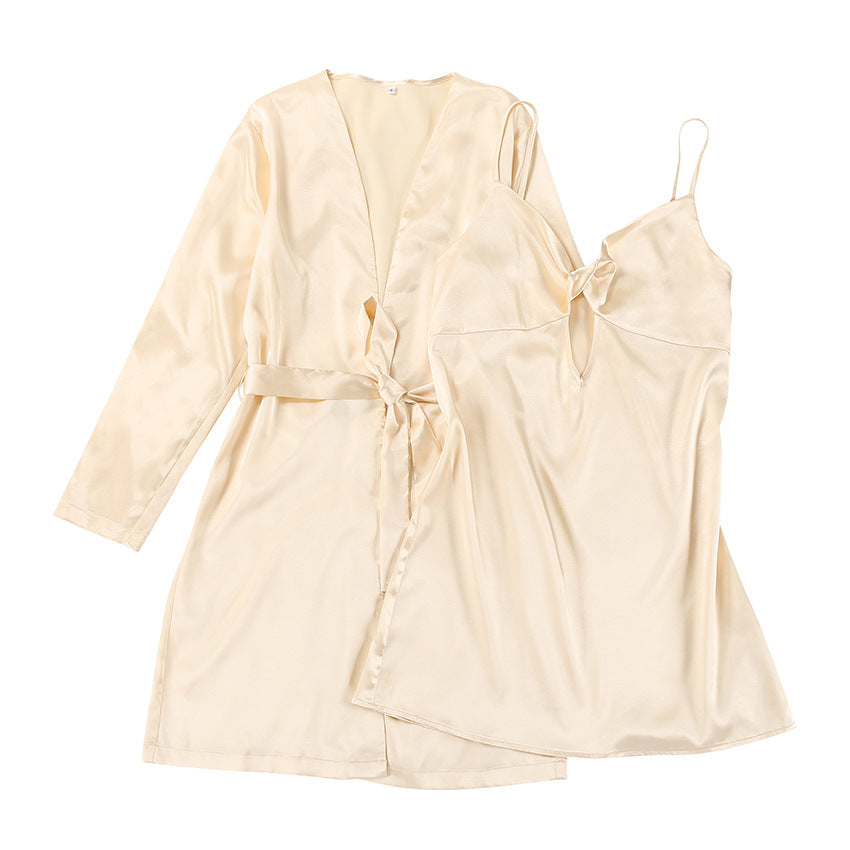 New Fashion Nightdress Robe Suit Hollow-out Camisole Pajamas Summer Ladies Champagne Homewear