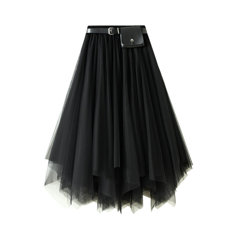 Irregular Skirt New Spring Summer Mid-Length Black Large Swing Skirt Super Fairy Lace Gauzy Dress