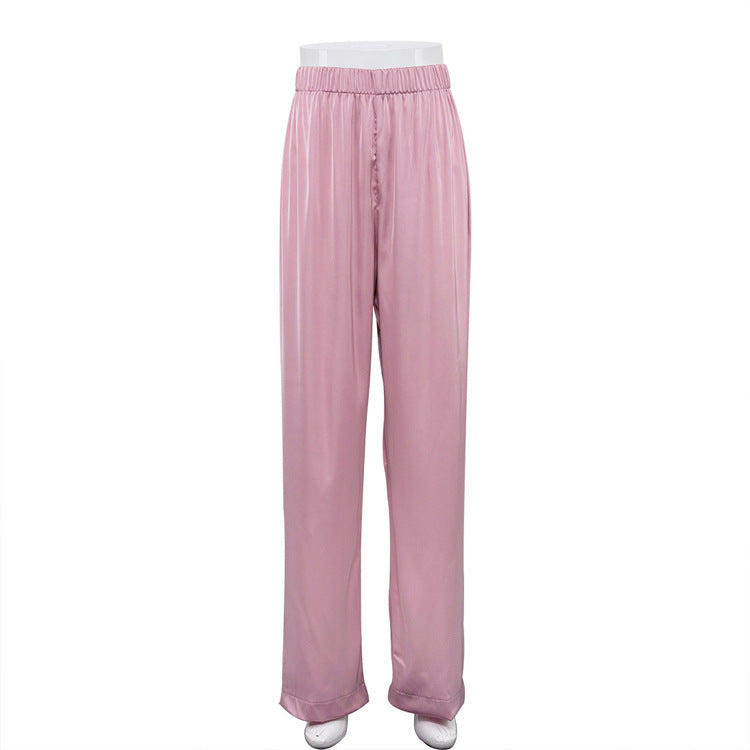 Pink Satin High-Waisted Trousers Elegant Long Sleeve Top Two-Piece