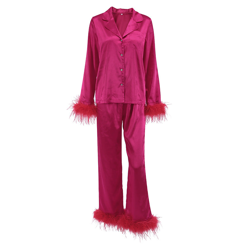 Summer Thin Exquisite Feather Pajamas Recommended Rose Red Fashion Casual Artificial Silk Home Wear Suit for Women